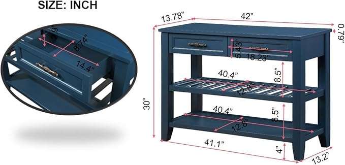 KEIKI 42”L Pine Solid Wood Entryway Console Table with 2 Storage Drawers, Mid-Century Retro Behind Couch Sofa Table with 2 Tiers Open Shelf for Hallway, Entrance, Entry Way, Living Room, Foyer