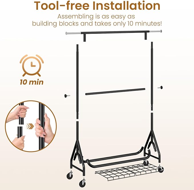 Heavy Duty Clothes Rack for Hanging Clothes, Double Rods Clothing Rack with Lockable Wheels, Rolling Metal Garment Racks Heavy Duty, Portable Wardrobe Closet Racks, Black