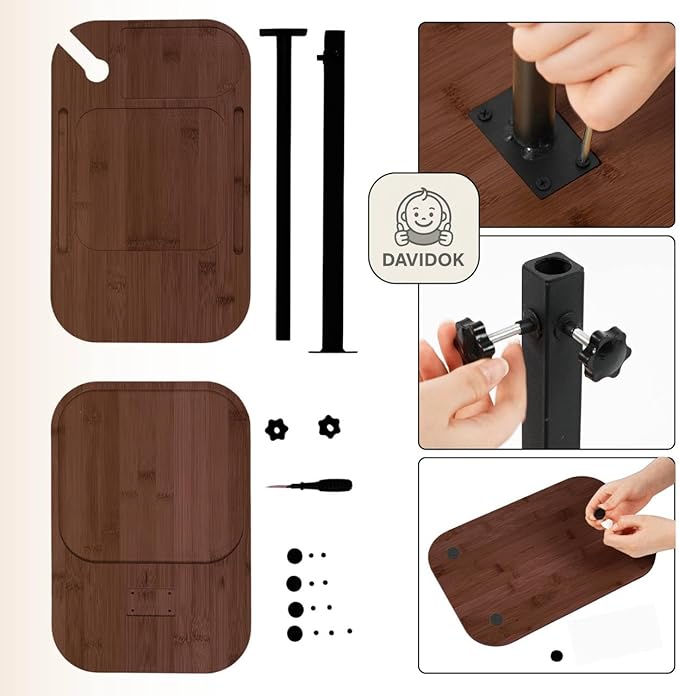 DAVIDOK C-Shaped Sofa End Table, Adjustable Height Couch Side Table with Device Slot, Brown Color with Black Metal Stand, Couch Table for Living Room, Bedroom