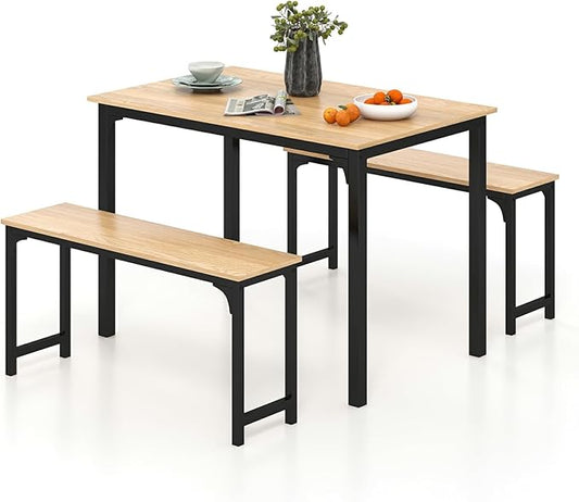 LDAILY Moccha Dining Table Set for 4, Kitchen Table with Benches,43 Inch 3-Piece Wooden Space-Saving Dinette Set with Metal Frame for Kitchen, Dining Room,Small Spaces, Industrial Brown & Black