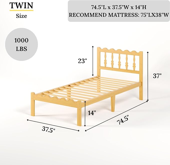 Bamboo Twin Bed Frame with Headboard, 14 inch Solid Wood Platform Bed Frames Twin Size with Metal Slats, No Box Spring Needed, Easy Assembly, Noise Free