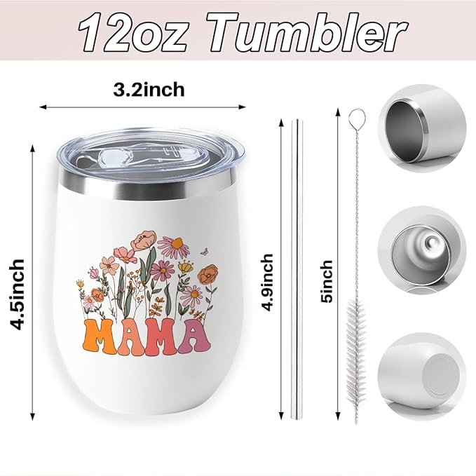 Mama Gifts Wine Tumbler 12 oz Insulated Wine Glass Cup with Lid Straw Vacuum Insulated Travel Cup,Mom Birthday Gifts from Daughter Husband, Gift for Women Mom Mommy Mother Christmas Halloween