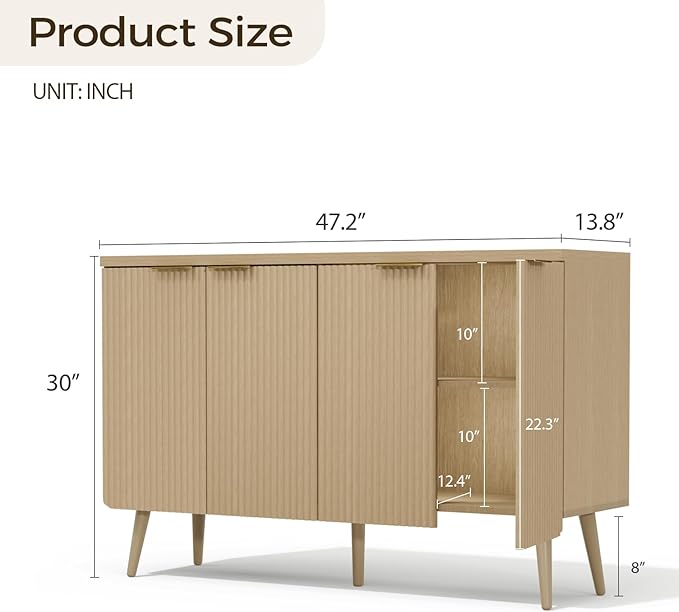 4-Door Fluted Sideboard Buffet Cabinet, 47" Large Storage Cabinet with Shleves, Wood Modern Accent Credenza Kitchen Table for Dining Room, Living Room & Entryway, Oak