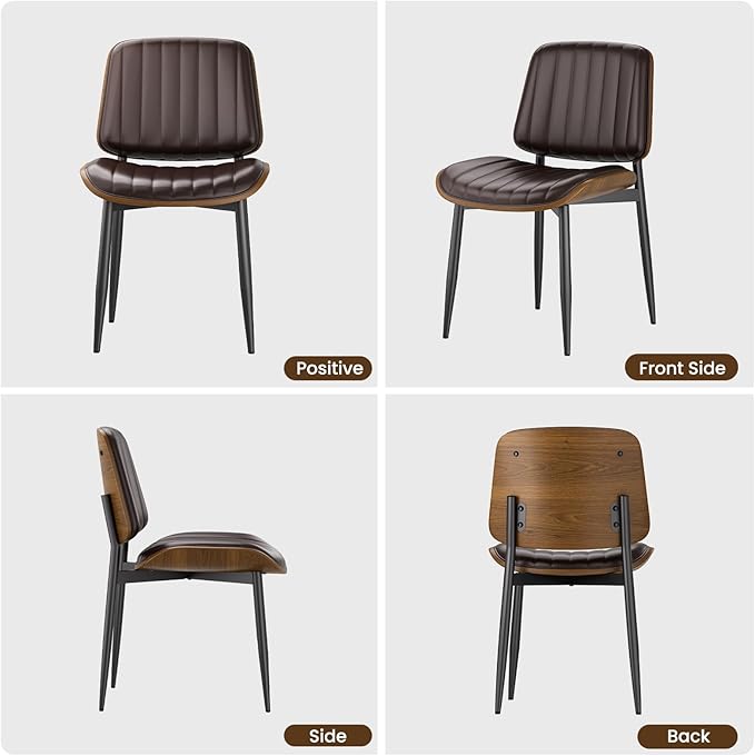 Dining Chairs Set of 8, Mid Century Modern Dining Room Kitchen Chairs, Upholstered PU Leather Vertical Stripe Chairs for Vanity with Walnut Bentwood and Metal Legs, Brown