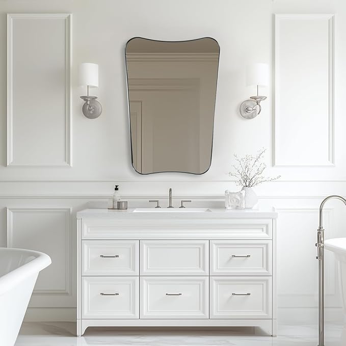 ANDY STAR Asymmetrical Wall Mirror 26”x38”, Brushed Nickel Bathroom Mirror for Wall, Modern Designer Mirror with Butterfly Shape Design Decorative for Bathroom, Entryway, Mantle