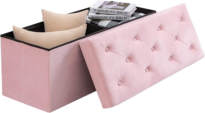 BRIAN & DANY 43 Inches Folding Storage Ottoman Bench, Velvet Ottoman with Storage for Living Room, Long Shoes Bench, Flannelette Footrest Benches Seat (Pink)