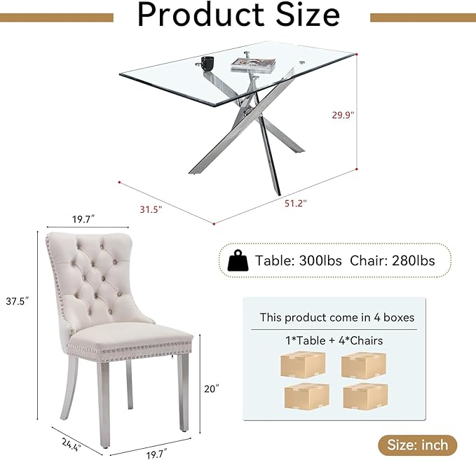 Goujxcy 51" Glass Dining Table Set for 4, Modern Kitchen Table and Chairs Set w/Steel Legs, 5-Piece Dining Table Set w/Glass Silver Dining Table and 4 Beige Velvet Chairs for Kitchen Dining Room