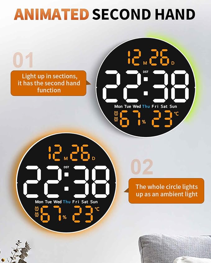 10 Inch Large Digital Wall Clock with 9 Color Changing Remote Control, Date Week Temperature, Auto Brightness Dimmer Big Clock Night Lights,Orange