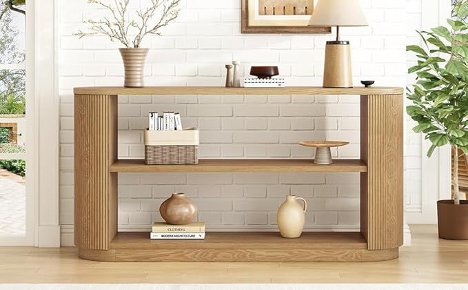 Modern Curved Console Table for Entryway, Farmhouse Solid Wood Fluted Sofa Table with Open Shelf & Elegant Wood Grain, Oval Long Foyer Table for Entry Way Hallway Living Room-58.9" Natural