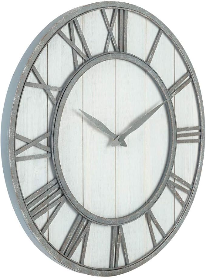 Oldtown Farmhouse Metal & Solid Wood Noiseless Wall Clock (Whitewash, 24-inch)