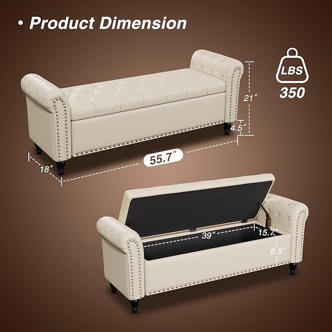 Bedroom Bench, End of Bed Bench with Storage, 55-Inch Bed Benches for Foot of Bed, Faux Leather Window Bench, Upholstered Storage Bench with Tufted Button and Nailhead Trim, Rolled Arms, Cream White