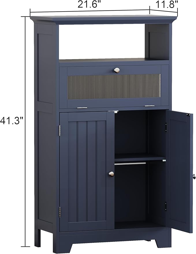 ChooChoo Bathroom Floor Storage Cabinet with Flip Glass Drawer, Freestanding with 2 Doors, Adjustable Shelf & 1 Open Storage for Living Room, Hallway, Navy Blue