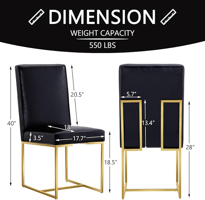 AUZ Dining Chairs Set of 8, Black Faux Leather Upholstered Dining Room Chairs with Polished Gold Stainless Steel Sled Legs
