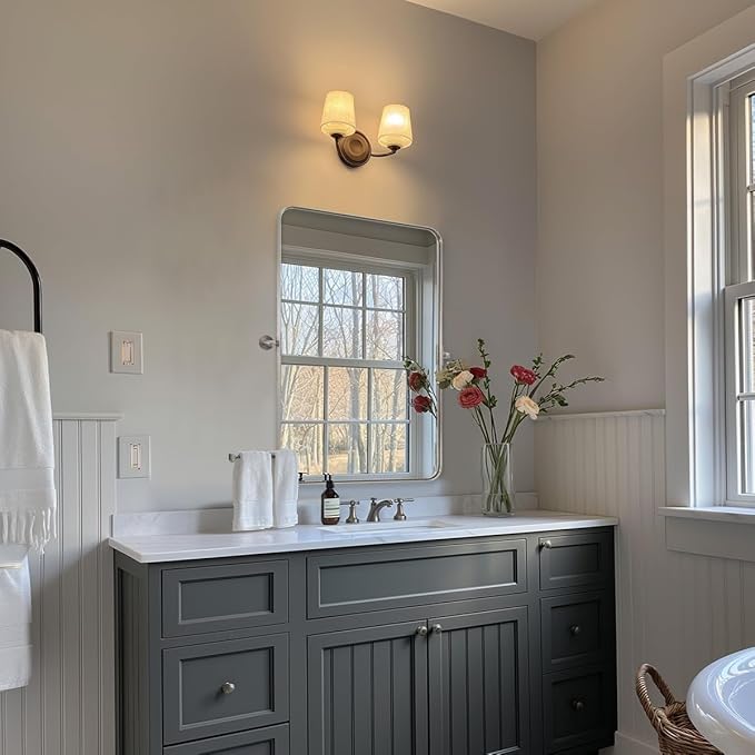 28"x36" Brushed Nickel Pivot Bathroom Mirror, Silver Metal Framed Rounded Rectangular Wall Mirrors, Tilting Beveled Vanity Mirror, Wall-Mounted Mirrors Hangs Vertically Only(Overall 31.75" x 36")