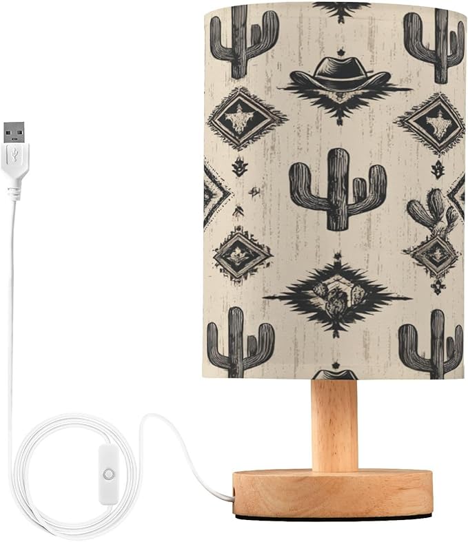 Western Cowboy Cactus LED Table Lamp for Bedroom Bedside Lamp with USB Charging Ports Decor Nightstand for Living Room Reading Dorm Desk Home Office