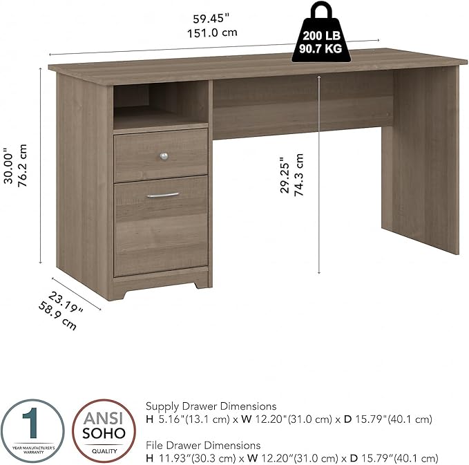 Bush Furniture Cabot 60W Computer Desk with Drawers in Ash Gray, Workstation and File Storage, Desktop with Organization Solutions for Home Office