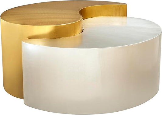 Modern Contemporary Luxury Ying-Yang 36" Coffee Table Set, Sculptural Design with Aluminum Frame for Living Room, Entryway, Home & Office, Gold & Silver Dual Tone Coffee Table