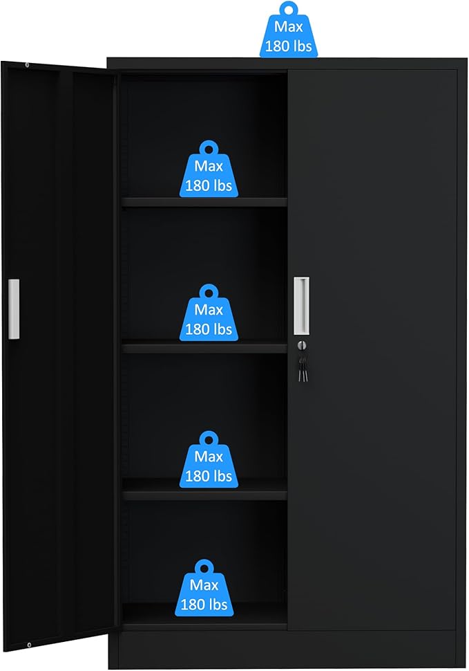 Metal Storage Cabinet with Locking Doors and Adjustable Shelves, 53.5-Inch Tall Lockable Storage Cabinets for Home Office Garage Kitchen Pantry (Black)