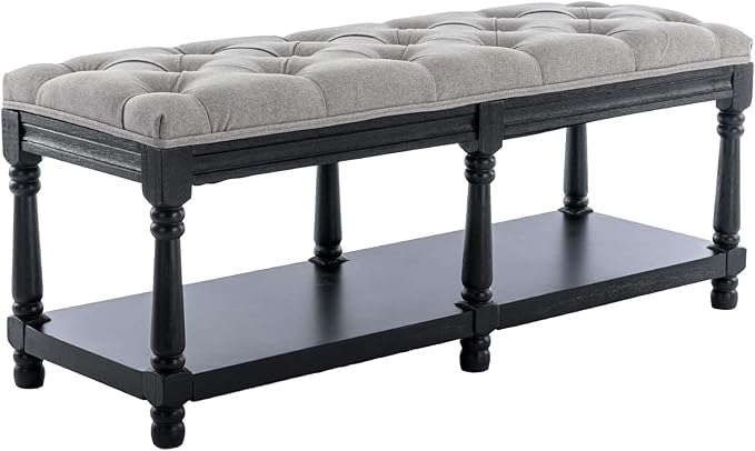 Kmax Storage Entryway Bench Tufted Shoe Rack Bench Black Wood Window Bench for Hallway Entrance Bedroom Corner, Grey