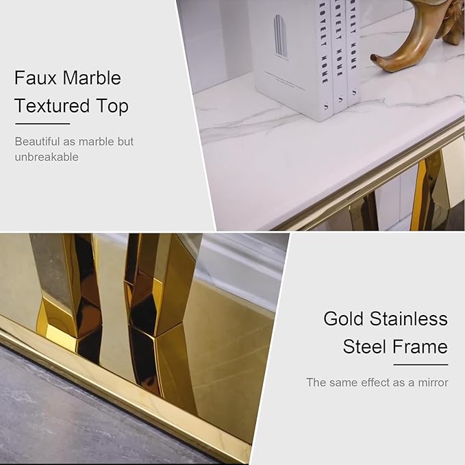 Coffee Table Set, 48 inches Modern Gold Coffee Table with 4 Geometric Polished Bases and Rectangular Gold Console Table with White Top for Living Room (Coffee Table + Console Table)