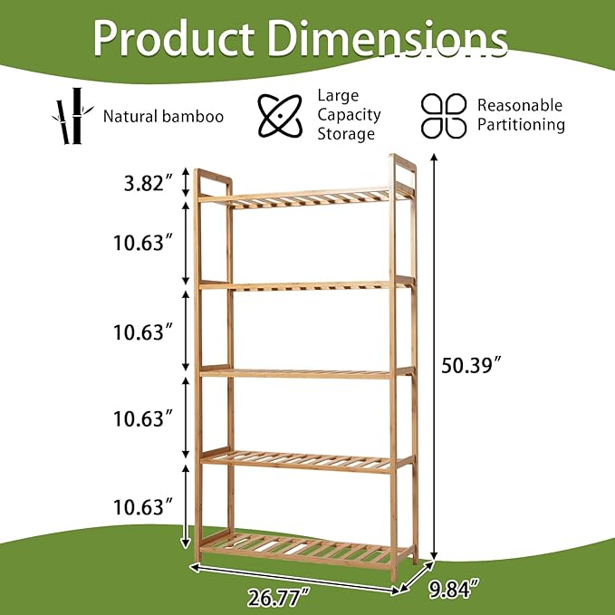 Bamboo Shelf, 5-Tier Bookcase Storage Shelves, Small Book Rack Shelving Unit, Multipurpose Storage Display Shelf for Bathroom Kitchen Living Room Office(5T- Natural)