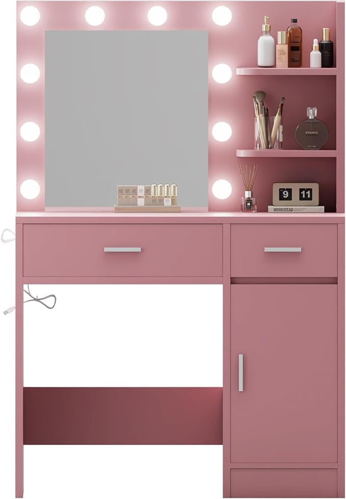 Lighted Makeup Vanity Desk, 35.4“W x 15.7'”D x 54“H, Pink (with Lights and Mirror, Dimming Fuction, 2 Drawers and 1 Cabiniet, Open Shelves)