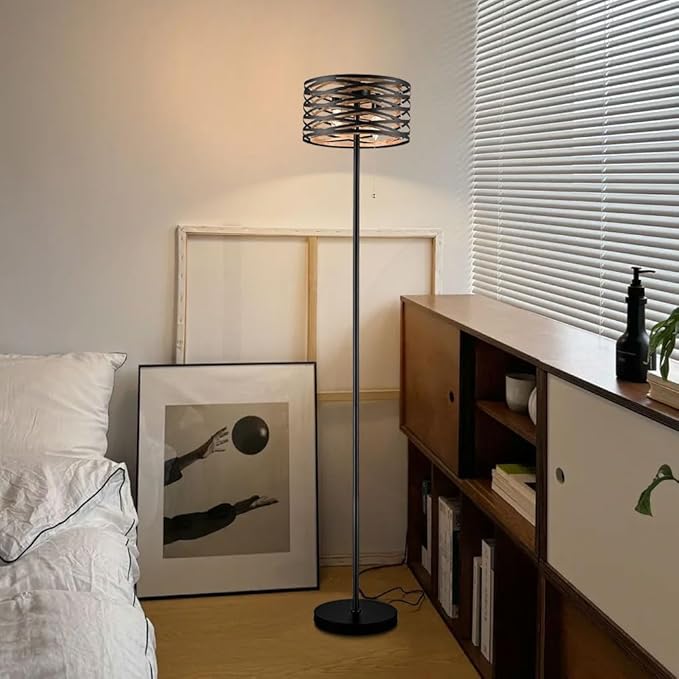 Farmhouse Black 2-Light Floor Lamp Metal Structure Wood Grain Shade with Pull Chain Switch, Perfect for Living Room, Bedroom, Reading Room