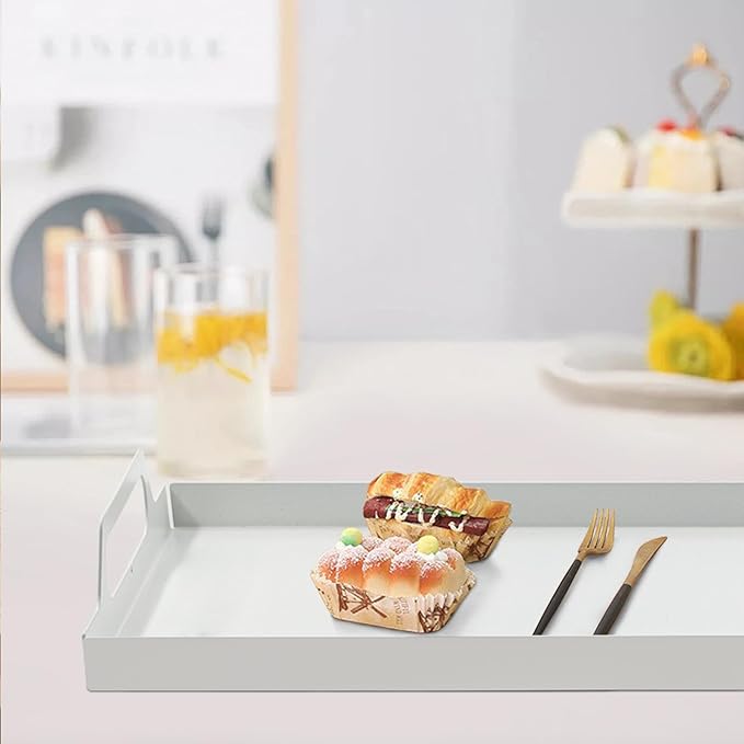 VANRA Metal Serving Tray Portable Bed Tray with Handles for Coffee Table, Living Room, Kitchen and Bathroom (White)