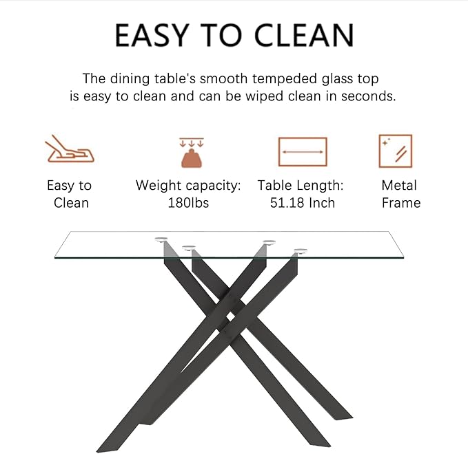 51" Rectangular Glass Dining Room Table for 4 with Tempered Glass Top and Black Metal Legs, Modern Clear Kitchen and Dinner Table for Home Office Dining Room