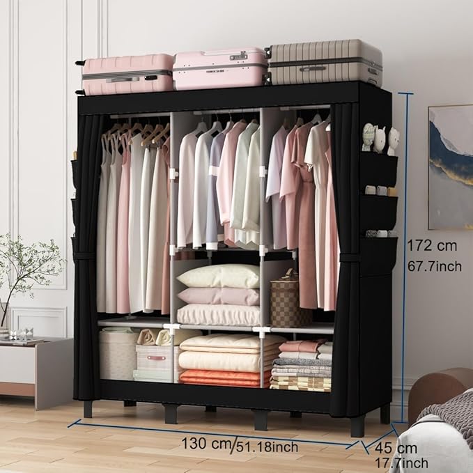 Portable Wardrobe, Clothes Organizer, Easy Hanger Wardrobe, Multiple Dividers and 3 Drawers, 6 Side Pockets Large Capacity (Black)