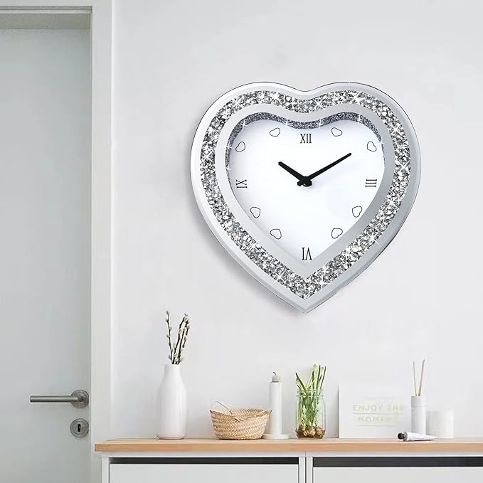 Wall Clock, Heart-Shaped Mirror Wall Clock, Cute Diamond 12-inch Non-Ticking Clock for Wall Décor, Perfect Home Decor for Bedroom, Dining Room(Excluding Batteries.)