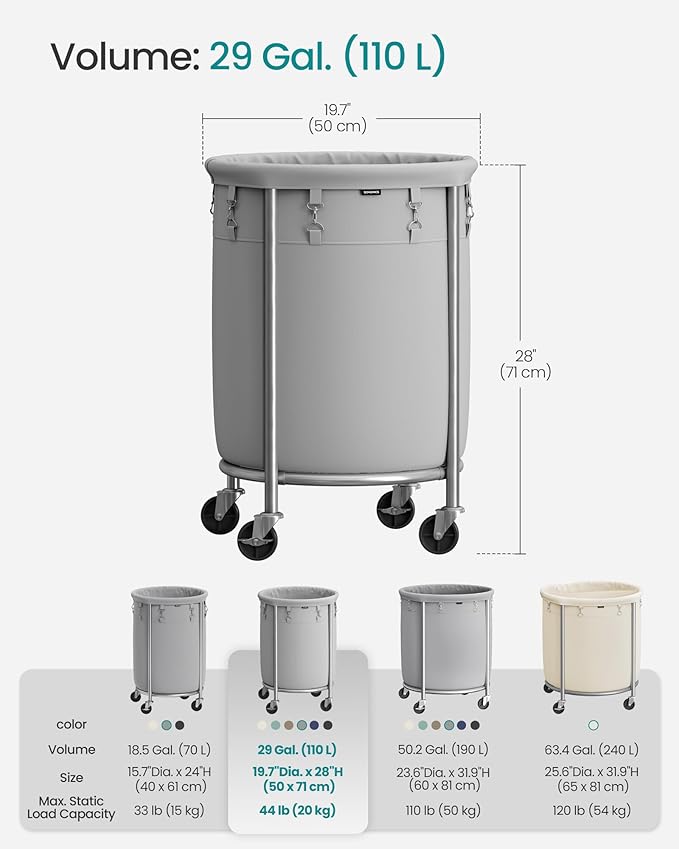 SONGMICS 29-Gallon (110 L) Laundry Basket with Wheels, Rolling Round Heavy-Duty Laundry Hamper Cart with Steel Frame and Removable Bag, 2 Locking Wheels, Gray and Metallic Silver URLS002G01