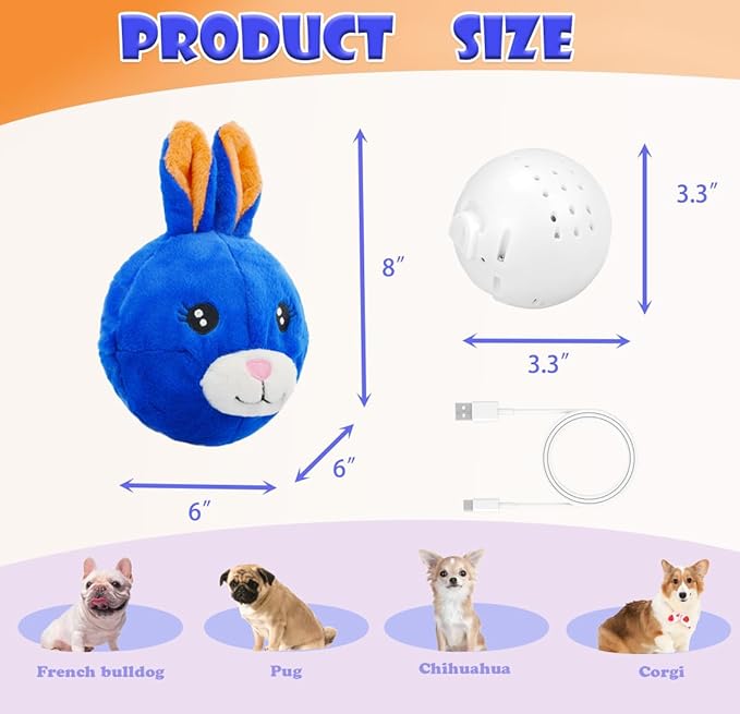 BABOLI Automatic Moving Dog Toy for Boredom, Attractive Bouncing Bunny Cover with a Talking and Vibrating Ball, USB-C Rechargeable Interactive Rabbit Dog Toy, Not for Aggressive Chewers