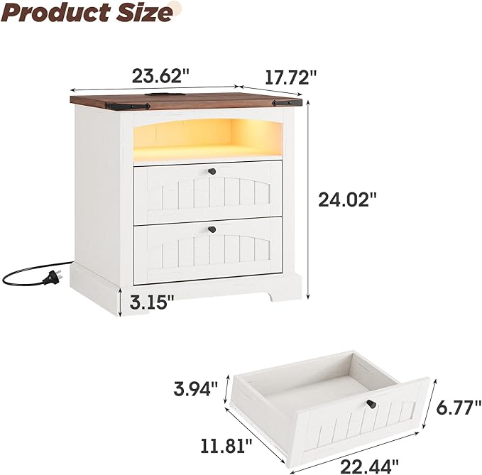 Vabches Nightstand with Charging Station, Vintage End Table with 2 Drawers, Wood Rustic Sofa Side Table with Open Storage Shelf for Bedroom, Living Room