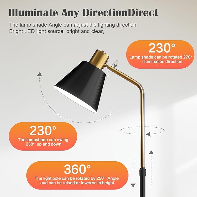 Dimmable Black Vintage Floor Lamps for Living Room Sofa Corner Bedroom Bedside Office,Unique Adjustable Standing Tall Reading Lights with Bright 12W LED Bulb, Modern Industrial Minimalist Home Decor