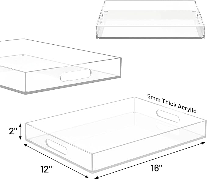 16"x12" Large Acrylic Serving Tray Decorative Ottoman Coffee Table Vanity Tray Tea Fruit Platter Snack Appetizer Dessert Drink with Handles for Bar Kitchen Party, Clear
