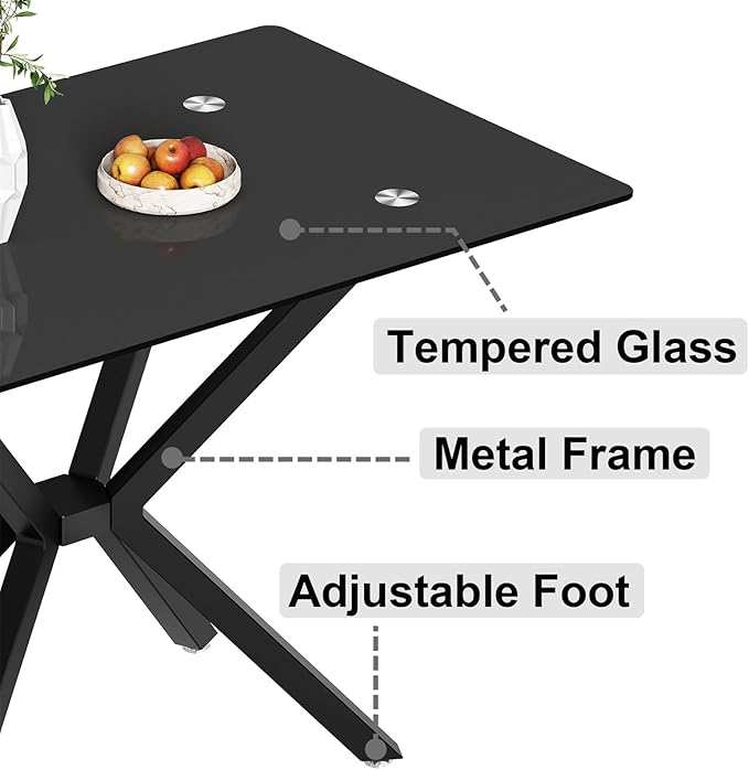 47'' Modern Glass Dining Table for 2-4 People, Rectangular Dining Room Table with Black Metal Legs, Clear Tempered Glass Top Dining Table for 4, Black Dining Kitchen Table for 4