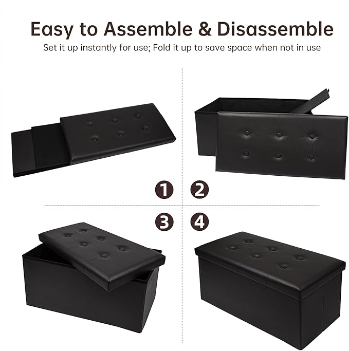 30 Inches Folding Storage Ottoman Bench, Faux Leather Footstool Ottoman, Storage Trunk Footrest for Bedroom, Living Room and Hallway, Support 350lbs, Black（Black line）