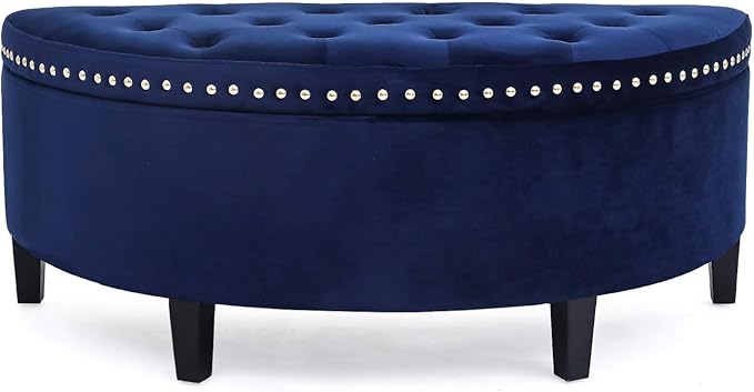 Homebeez 43.5" Half Moon Storage Ottoman Bench, Lift Top Velvet Storage Ottoman Bench for Bedroom Living Room (Navy Blue)