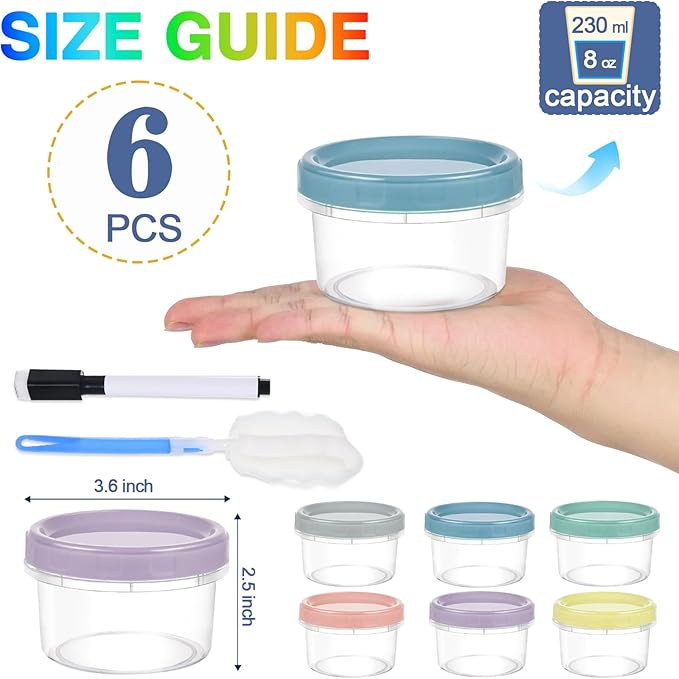 6pcs 8 oz Plastic Containers with Screw Lids, Reusable Clear Food Storage Containers with Pen and Brush for Snack Salad Fruit, Leakproof Small Freezer Containers, Microwave & Dishwasher Safe