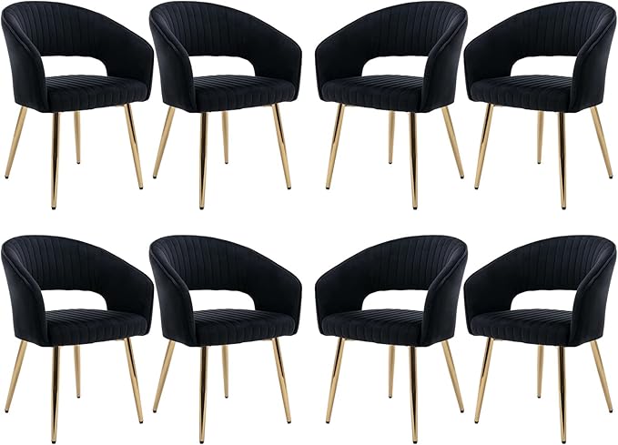 Modern Black Velvet Dining Chairs Set of 8, Upholstered Gold Dining Room Chairs with Tufted Back, Accent Armrest Kitchen Chairs with Gold Legs for Dining Room Reception