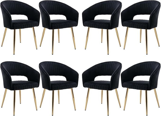 Modern Black Velvet Dining Chairs Set of 8, Upholstered Gold Dining Room Chairs with Tufted Back, Accent Armrest Kitchen Chairs with Gold Legs for Dining Room Reception