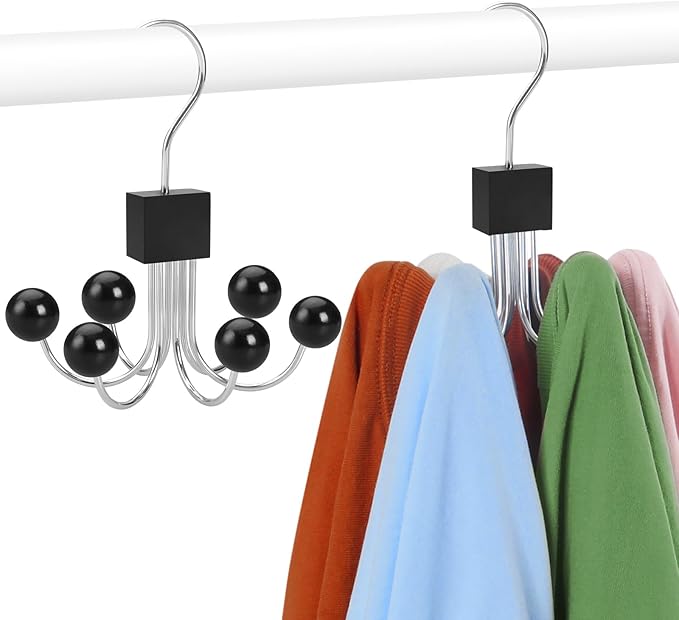TOPIA HANGER Sweatshirt Hangers 2-Pack with 6 Wooden Balls, Purse Hanger, Scarf Hanger, Wooden Closet Hooks, Handbag Organizer, Bra Hanger, Accessory Organizers for Scarf, Tanktop, Hat, Hoodie CT82B