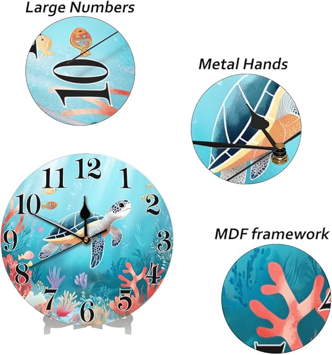 Cute Ocean Sea Turtle Wall Clock Battery Operated 10 in Round Wall Clocks Slilent Non Ticking Quartz Analog Clock for Bedroom Kids Living Room Classroom Decor