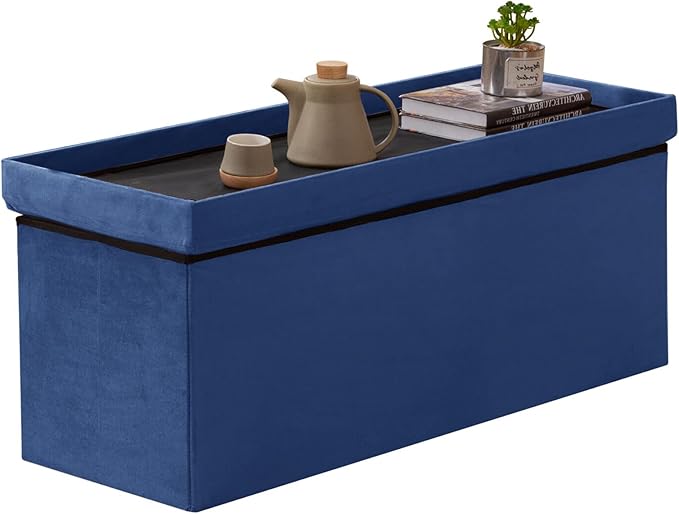 BRIAN & DANY 43 Inches Folding Storage Ottoman Bench, Velvet Ottoman with Storage for Living Room, Long Shoes Bench,Flannelette Footrest Benches Seat (Blue)
