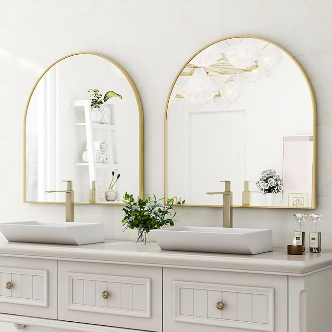 Arched Bathroom Mirror 32" x 34" for Bathroom Vanity Mirror or Wall Decor Gold Arch Mirror Aluminum Alloy Frame Wall Mounted Mirror for Living Room Bedroom Entryway