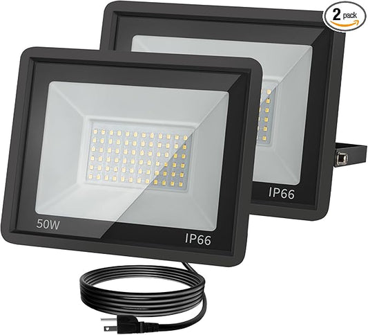 50W LED Flood Light Outdoor, 5000LM Super Bright Floodlight Outside Work Lightwith Plug, 6500K Daylight White LED Flood Light Outdoor, IP66 Waterproof Outdoor Flood Light-2Pack
