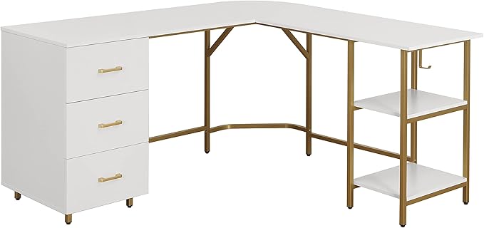 Techni Mobili L Shaped Desk - Two-Toned Computer Desk with Drawers & Storage Shelves - Simple Modern Furniture & Home Office Space Corner Table for Work & Writing