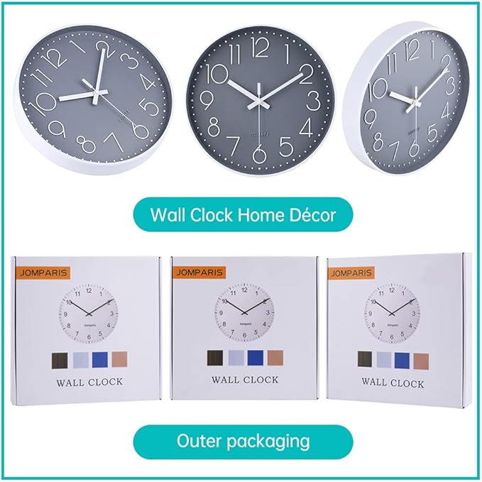 jomparis Wall Clock 12 Inch Non-Ticking Silent Battery Operated Round Wall Clock Modern Elegant Simple Style Clock for Home Office Kitchen Bedroom Living Room