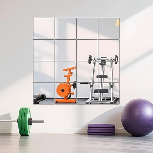Ruomeng Home Gym Mirrors 12" x 12" x 16Pcs Wall Mounted Mirror Glass Frameless Full Length Mirror Tiles for Home Gym, Bedroom, Door & Bathroom